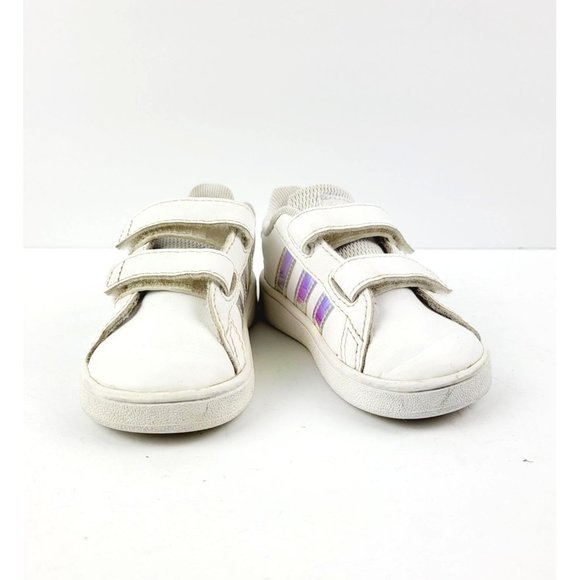 Adidas Grand Court White Tennis Shoes/Sneaker With Iridescent Stripes Size‎ 5K - Picture 2 of 6